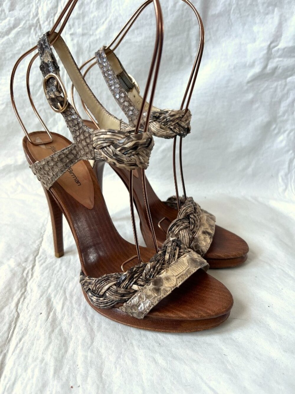 Alexandre Birman high heel sandals womens 8 snakeskin leather ankle strap wood